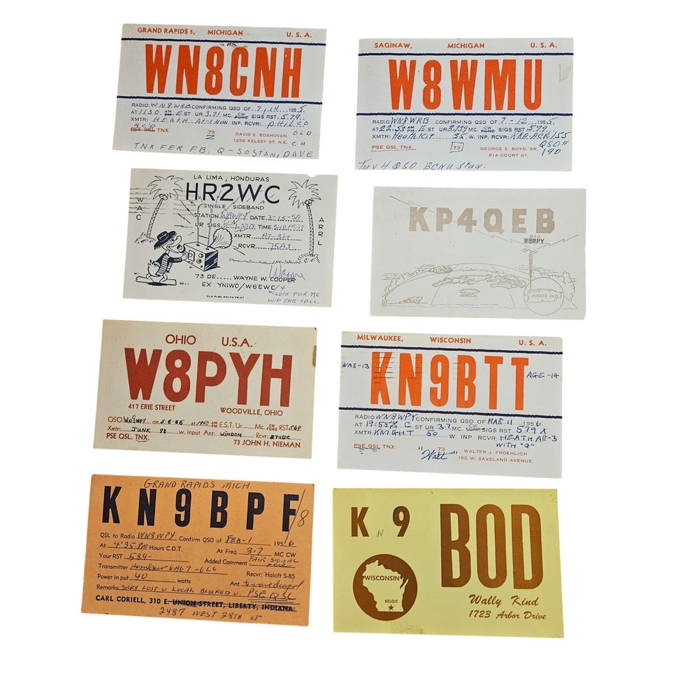 Lot of 8 Vintage 1950s Wisconsin, Michigan, USA Ham Amateur Radio QSL Cards